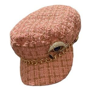 Pink Tweed Evil Eye Cap with Gold Chain